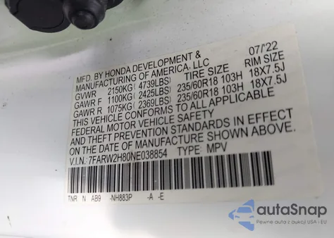 2022 Honda Cr-V Awd Ex-L из США, поврежденный, VIN 7FARW2H80NE038854